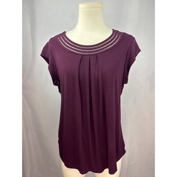 Daniel Rainn Womens Petite Medium Plum Top With Keyhole Back & Pleated Front Des - Picture 2 of 6